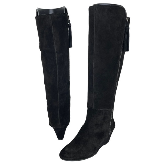 Anne Klein Womens Knee High Wedge Boots 5.5M Alanna Black Suede Wide Calf - Picture 7 of 10